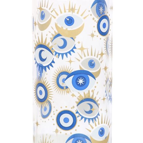 Contemporary All Seeing Eye Reusable Glass Water Bottle featuring a striking design with gold accents for good luck.