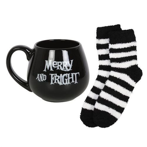 Cosy up with the Merry and Fright Mug and Socks Set, featuring a spooky mug and fluffy striped socks for winter nights.