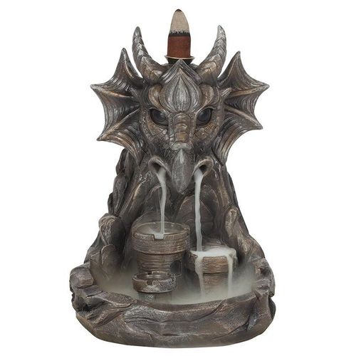 Grey Dragon Backflow Incense Burner features a horned dragon face and a castle, perfect for dragon enthusiasts.