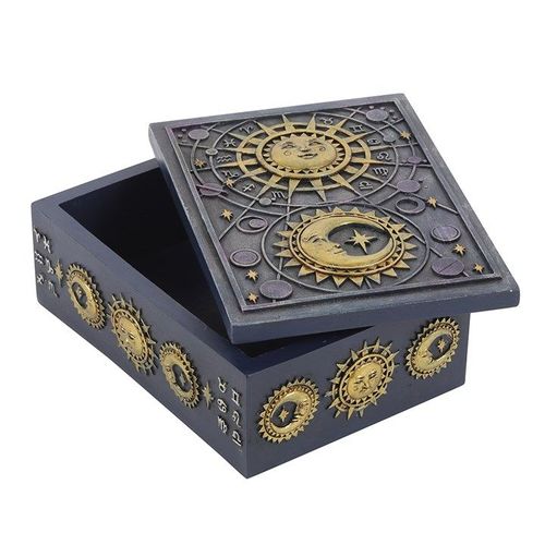 Sun and Moon Resin Storage Box featuring intricate astrology symbols and a gold-finished celestial design for treasures.