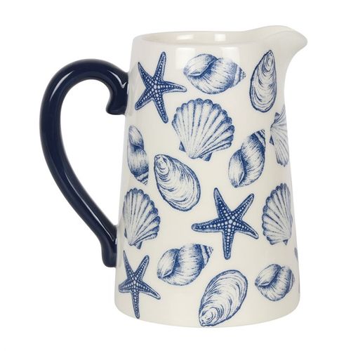 Charming 17cm Seashell Ceramic Flower Jug features blue seashells and starfish, perfect for coastal bouquet displays.
