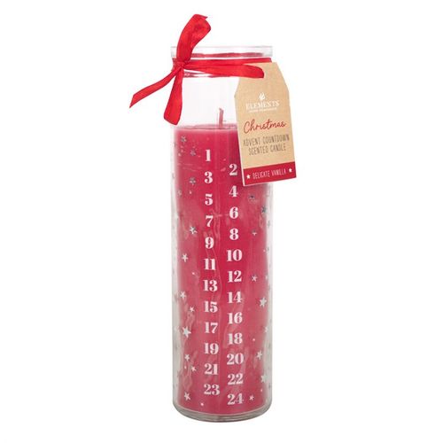 Red Vanilla Advent Tube Candle in a decorative glass, perfect for counting down to Christmas with a vanilla scent.