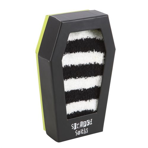 Fluffy black and white Striped Socks in Coffin Gift Box, perfect for gifting to those with an emo aesthetic.
