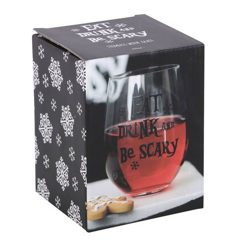 Stemless glass featuring 'Eat, Drink & Be Scary' text, perfect for Creepmas celebrations and spooky gatherings.