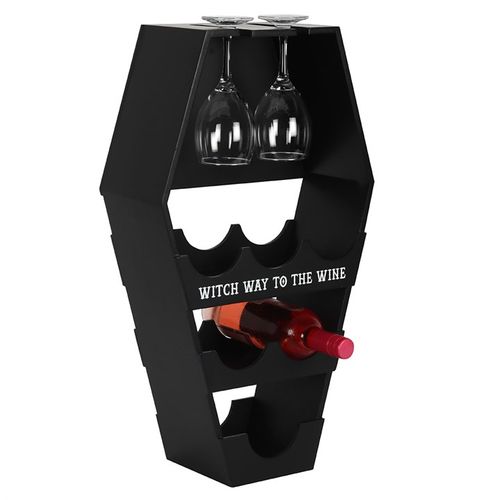 Coffin Wine Shelf designed for spooky events, holding six bottles and four glasses with 'Witch way to the wine' text.
