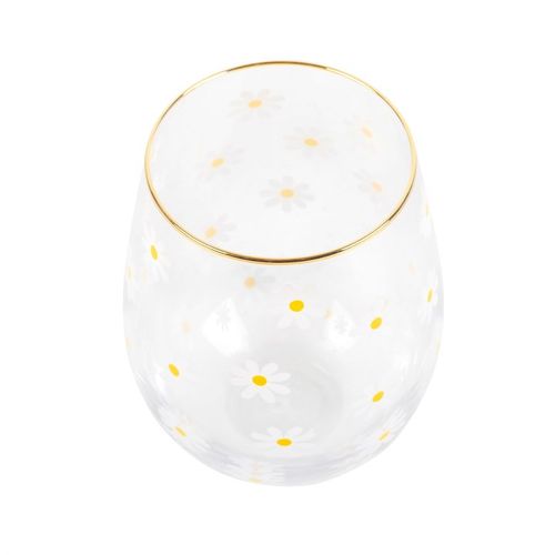 Cheerful All Over Daisy Print Stemless Wine Glass with gold-tone rim, perfect for springtime gatherings.
