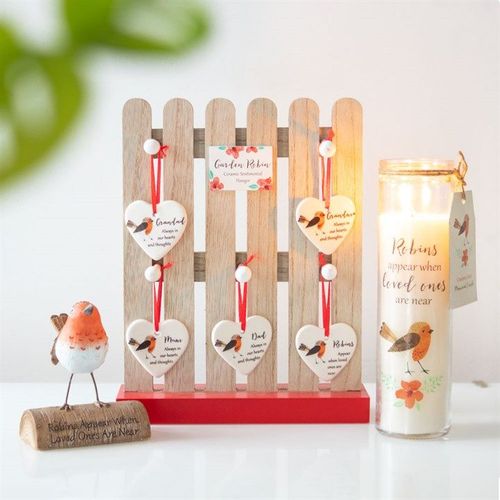 Robins Appear Cranberry Tube Candle with a comforting message, perfect for remembering loved ones.