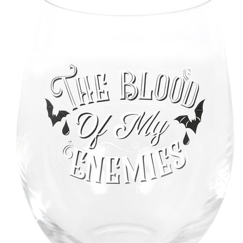 Sip in style with the Blood Of My Enemies Stemless Wine Glass, featuring gothic designs perfect for dark humour.