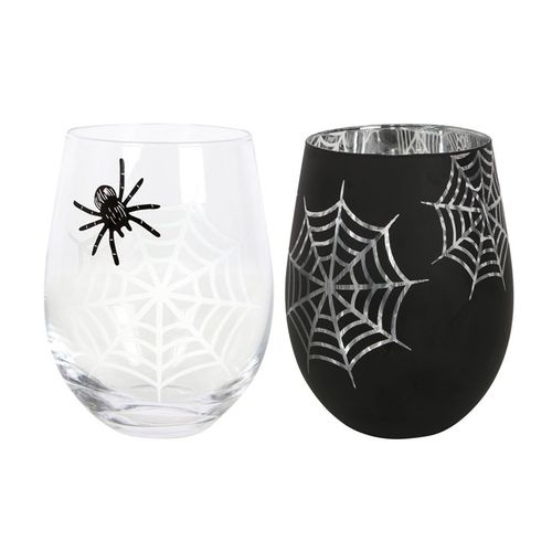 Set of 2 Spider and Web Stemless Wine Glasses featuring a spider design and silver interior, perfect for spooky nights.