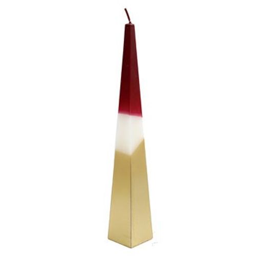 32cm Red and Gold Pyramid Candle, a stylish home accessory with striking red, white, and gold contrasts. Perfect for tablescapes.