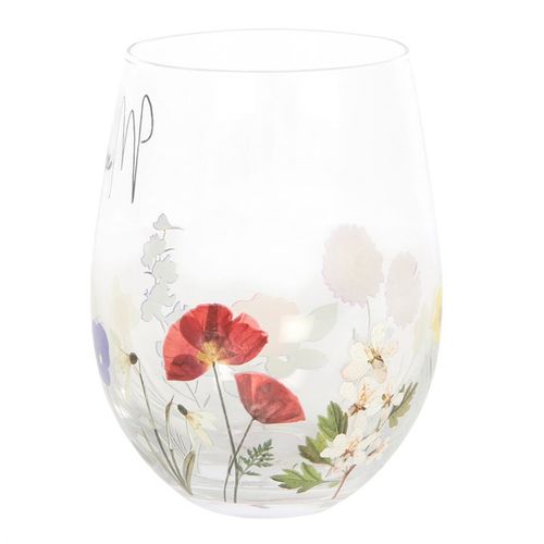 Mum Wildflower Stemless Glass with vibrant floral designs, perfect for summer sipping in the garden.