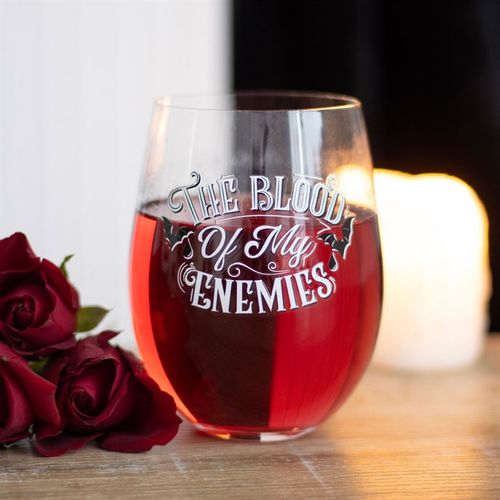 Stylish Blood Of My Enemies Stemless Wine Glass with gothic design, perfect for sipping red wine and adding dark humour.