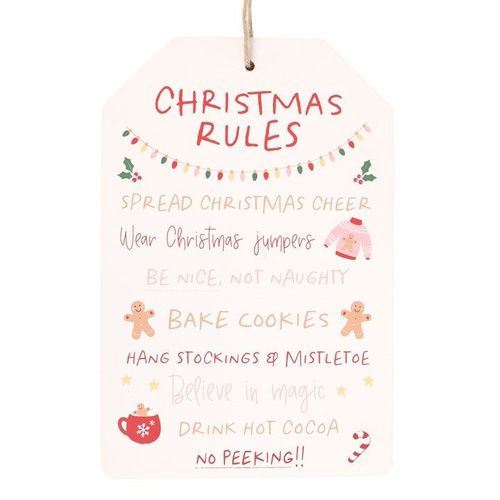Charming Sugarplum Fun Christmas Rules Hanging Sign, spreading festive cheer with joyful holiday reminders.