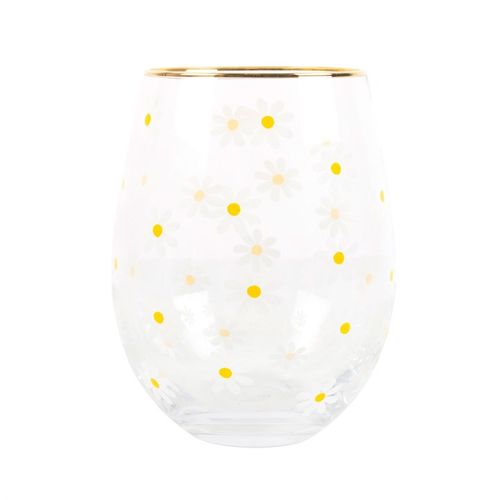 Cheerful All Over Daisy Print Stemless Wine Glass with gold-tone rim, perfect for spring gatherings and gifting.