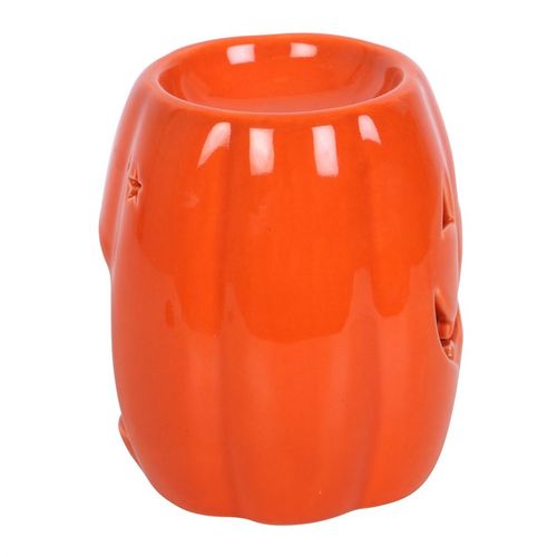 Bright orange Jack-o'-Lantern Oil Burner and Wax Warmer, perfect for creating a cosy Halloween atmosphere.