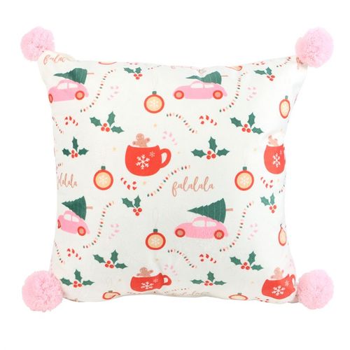 Festive Square Sugarplum Fun Christmas Print Cushion with pink pom poms, perfect for a vibrant holiday home style.
