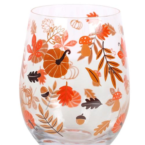 Autumn Leaves and Pumpkins Stemless Glass featuring vibrant leaf and pumpkin designs, perfect for seasonal cocktails.