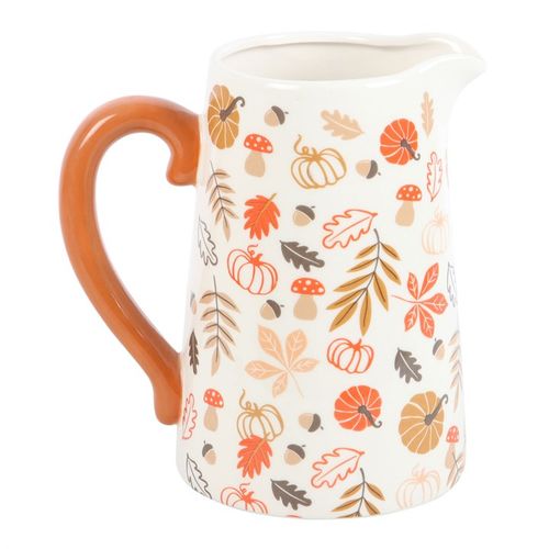 17cm Autumn Leaves and Pumpkins Ceramic Flower Jug with orange handle, perfect for autumn floral arrangements.