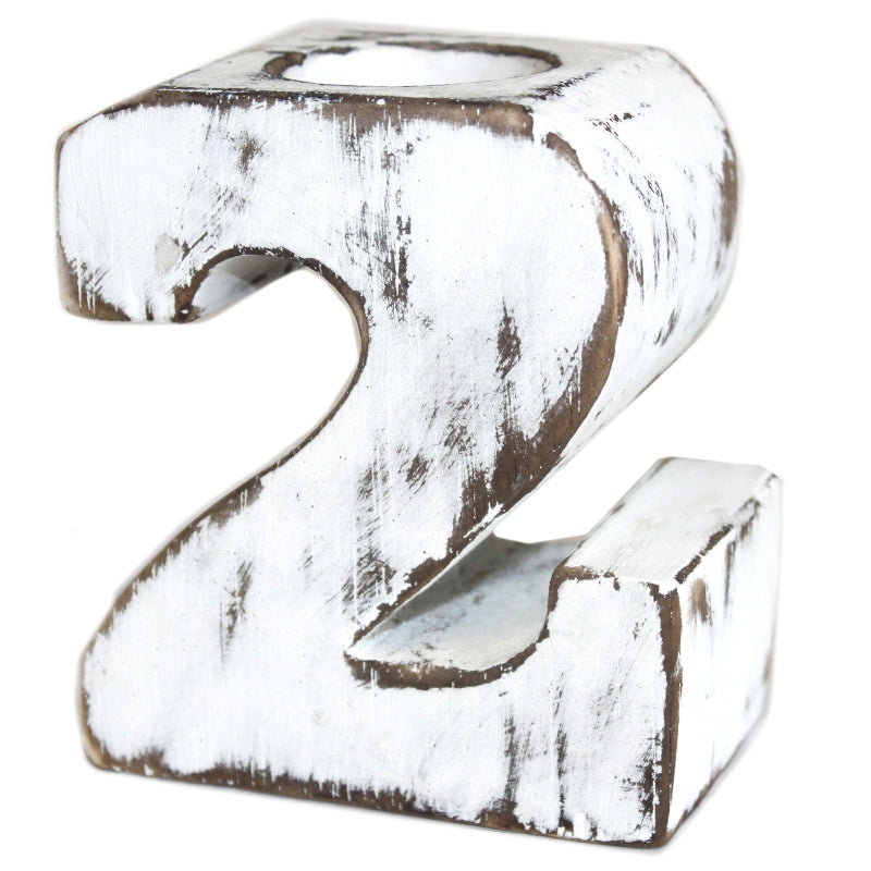 Handcrafted Wooden Birthday Numbers candle holder, white-washed Albesia wood, perfect for festive celebrations.