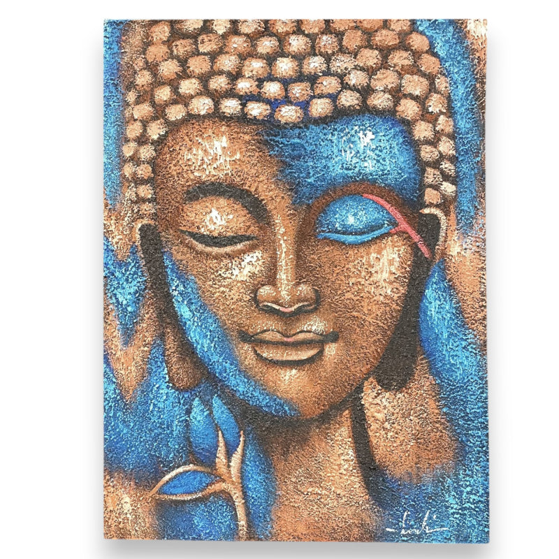 Stunning Buddha Painting - Bronze & Blue Flower, radiating tranquillity with intricate hand-painted details. Perfect decor.